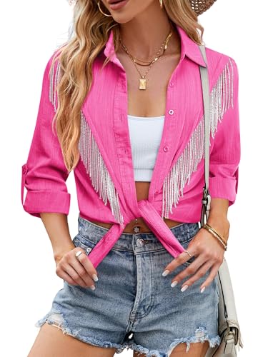 Image of MYMORE Womens Sparkly Fringe Shirt Western Cowgirl Country Concert Outfit
