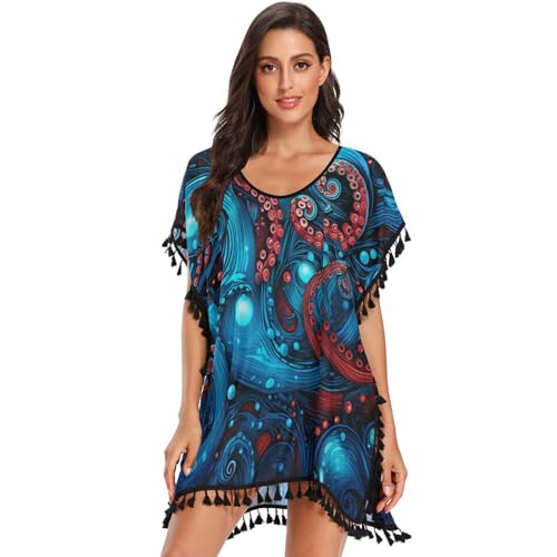 Octopus Abstract Blue Red Art Women's Beach Cover Up Chiffon Tassel Swimwear Swimsuit Coverups for Girl