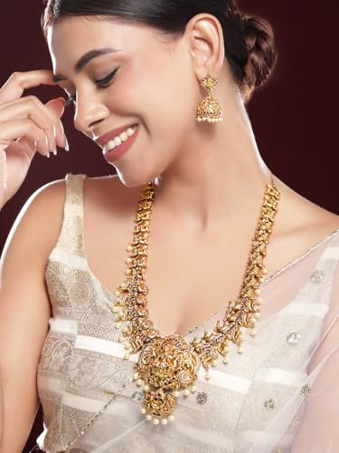 Image of Rubans 22K Gold-Plated Ruby Pink, Emerald & CubicZicronia Divine Lakshmi Temple NecklaceSet