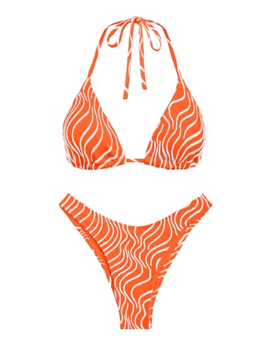 seamoly Conjunto de bikini para mujer, traje de baño de dos piezas a rayas, lazo en la espalda, corte alto, sexy, tanga, Naranja, Large