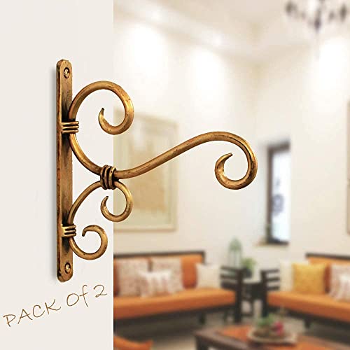 Image of Wall Hanging Brackets - Classic Pack of 2 Golden Metal Plant Hanger Hooks for Bird Feeders, Planters, Wind Chimes & Lights | Indoor & Outdoor Balcony Decor (6 x 1 x 7 in)