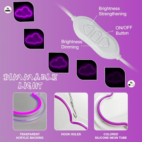 Image of Cloud Neon Sign Cute Purple Clouds LED Light Sign for Wall,13 * 7.9in Dimmable USB Floating Clouds Light Up Sign for Living Room Kid Bedroom Nursery Birthday Christmas Wedding Party decor
