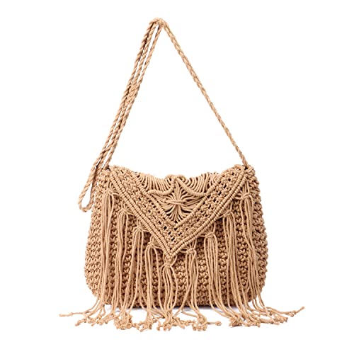 EVEOUT Sac à bandoulière Tricot Femme rétro Sac à Franges Sacs portés épaule tissé bohème de Plage Fille