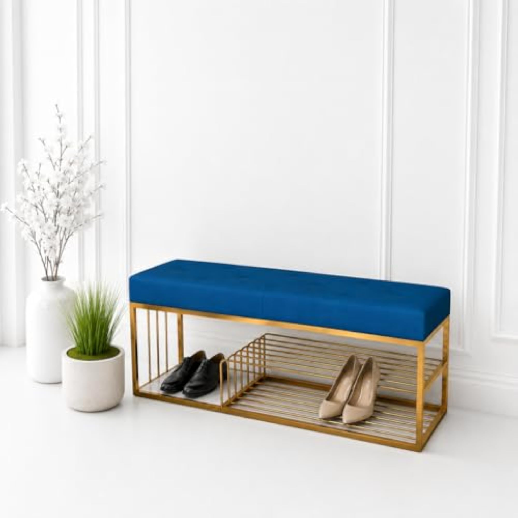 Upholstered Metal Bench with Open-Shelf Shoe Rack