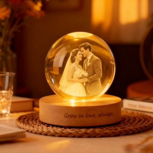MYPHNEX Personalized 3D Crystal Photo Ball with LED Light Base Custom Engraved Crystal Globe Picture Lamp Memorial & Keepsake Gift for Pets Couples Babies Anniversary Birthday (Round)