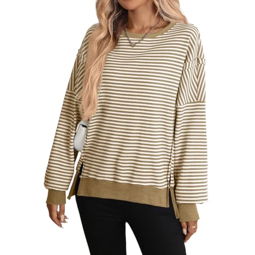 Womens Striped Long Sleeve Shirt Waffle Knit Crewneck Oversized Sweatshirt - image 2