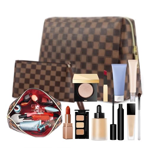 Butofinus Makeup Bag, 2 Pcs Portable Leather Checkered Cosmetic Bag, Waterproof Travel Toiletry Bag for Women Gift