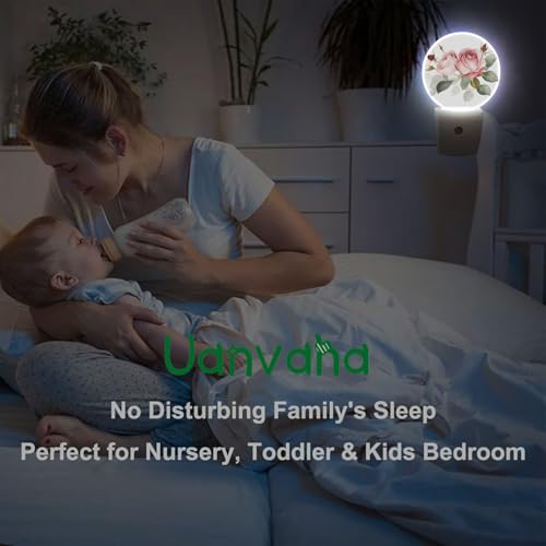 Image of Retro Rose Night Light Floral Blossom Pink Rose with Green Leaf Flower Bouquet LED Dusk to Dawn Plug-in Nightlight Auto Sensor for Bedroom Bathroom Hallway Living Room