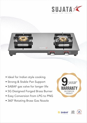 Image of Sujata Regal Manual Gas Stove 2 Burners Glass Top | 9 Years Warranty | Gas Stove with Brass Burners | SABAF Technology | ISI Certified | LPG & PNG Compatible | 360 Rotating Brass Nozzle (Black)