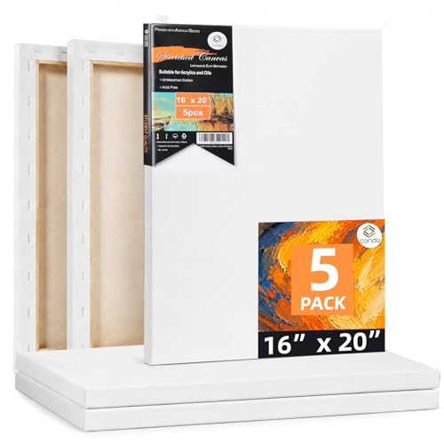 Conda Stretched Canvas for Painting 16x20 Inch 5Pack Primed Large Canvas for Painting Acid-Free Cotton 5/8 Blank Canvases Value Bulk Pack for Acrylic Paint Watercolor Oil Paint