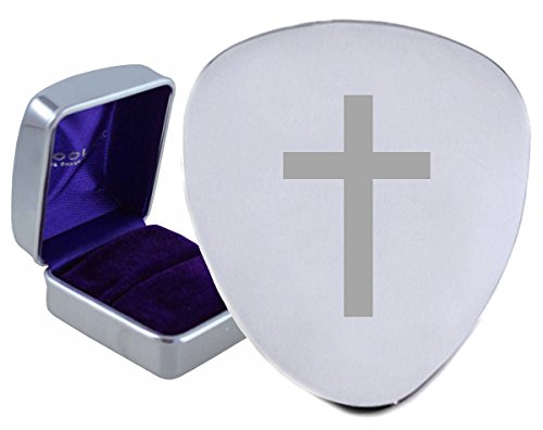 Crucifix chrétien en acier médiator gravé – Texte en option sur Box - Les Beatles, Paul McCartney, John Lennon, RIngo Starr, George Harrison Crucifix chrétien en acier médiator gravé – Texte en option sur Box