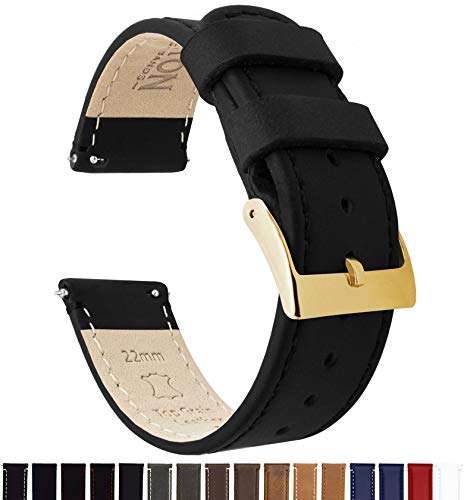 Image of Barton Quick Release Leather Gold Buckle Watch Band Strap - Choose Color - 16mm, 18mm, 20mm, 22mm or 24mm - Black 18mm