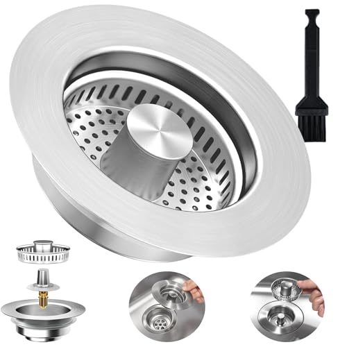3-in-1 Kitchen Sink Drain Strainer Stopper, Upgraded Stainless Steel Sink Plug with Anti-Clog Filter Basket, Fits Standard 3-1/2 Inch Drain Hole, Pop Up Garbage Disposal Cover, Universal Food Catcher