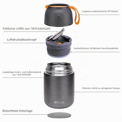 VITONIS Thermobehälter für Essen 500ml Edelstahl Isolierbehälter Gefäß für warme Speißen, Essen, Suppe… – Ansicht 4