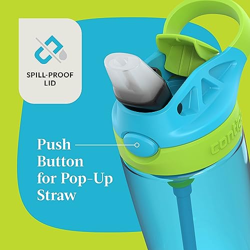 Image of Contigo Kids 20oz 2-Pack Aubrey Water Bottles with Cleanable Silicone Straw Spill-Proof Lid Dishwasher Safe Blue Raspberry /Cool Lime & Blueberry /Juniper BPA-free