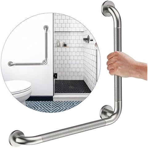 Angled Grab Bar 20x20 Inch, YuanDe Brushed Nickel L-Shaped Shower Grab Bar w/Anti-Slip Knurled Grip, Stainless Steel Bath Balance Bar, Safety Hand Rail Support for Handicap Elderly Senior(4 Pack) Cover