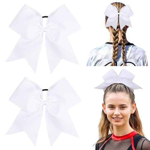 CN 2pcs White Cheer Bows for Cheerleaders Cheerleading Hair Bows for Girls Women with Elastic Ponytail Holders for Softball Competition Sports Hair Accessories