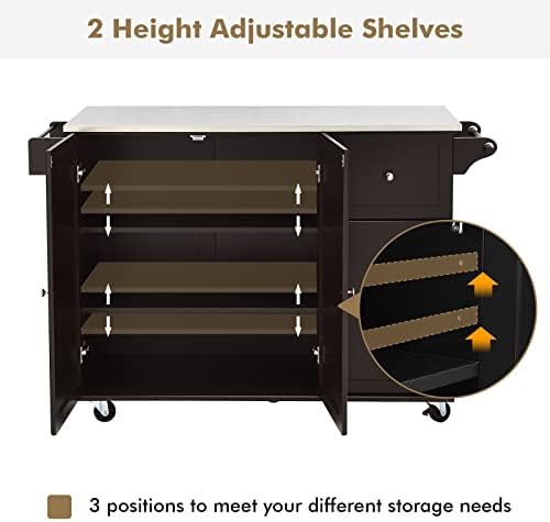 COSTWAY Large Kitchen Storage Trolley, Rolling Island Cart with Stainless Steel Countertop, Adjustable Shelves & 5 Wheels, Home Dining Room Serving Utility Organiser Cabinet, 136x46x91cm (Black)