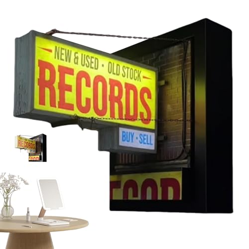 Streysisl Lámpara de pared vintage para tienda de discos – Caja de luz de estilo vintage – Elegante reproductor de grabación, iluminación amarilla, llamativo letrero para dormitorio, cafetería y