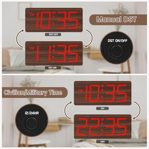 Image of DreamSky Wooden Digital Alarm Clock for Bedroom with Large Numbers | Desk Clocks for Living Room, Office, Dimmer, Loud Alarm for Heavy Sleepers with Volume Control, DST, Wood Decor (Plug-in)