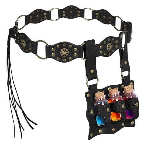 soptuyp Renaissance Belt for Women-2Psc Medieval Costume Belt Set with Potion Bottle LARP Accessories for Cosplay Faire Halloween (Black)