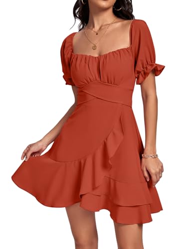 Image of LYANER Women's Square Neck Ruffle Mini Dress Off The Shoulder Short Sleeve A Line Flowy Graduation Dresses