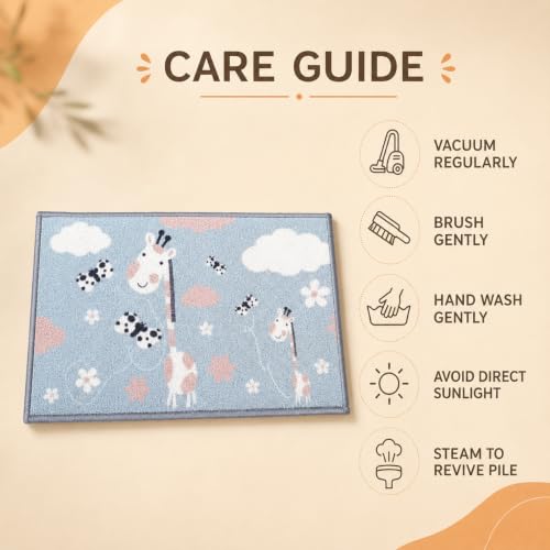 Image of Matz&More Animals Giraffe Kids Floor Mat | 40x60 CM | Blue Pink | Nylon Tufted Gel Baking Anti-Slip | Home School Doormat | Children Play Room Entrance & Child Bedroom
