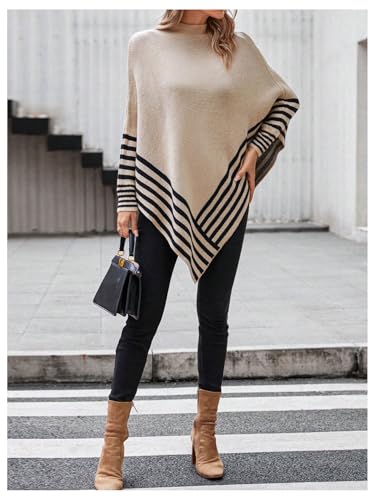 MakeMeChic Women's Winter Sweaters 2024 Poncho Sweater Striped Mock Neck Dolman Sleeve Asymmetrical Sweaters Top4