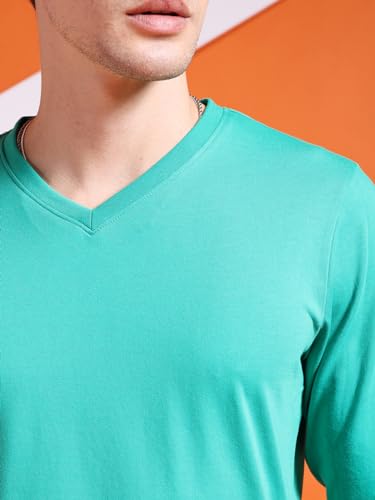 Image of The Indian Garage Co Men Cotton Slim Fit Solid V-Neck Tshirt