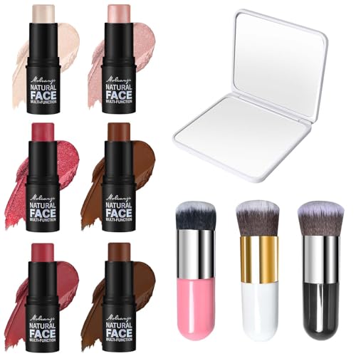 6 Piezas Varita de belleza de Contorno, Espejo de viaje, Set De Contorno Facial Con Brocha, Colorete En Barra Cremoso Contorno Maquillaje Iluminadores de Maquillaje, Impermeable
