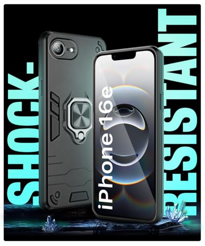 Image of WOW IMAGINE Shock Proof Back Case Mobile Cover for iPhone 16e | iPhone 17e | Back Cover Case (Tough Armor | Hybrid PC + TPU | Ring Holder & in-Built Kickstand | Black)