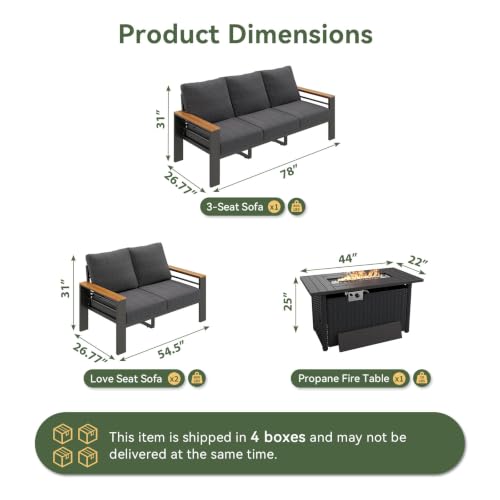 Image of Aoxun Patio Furniture Set, Aluminum Patio Set with Fire Pit Table and 5 inch Thicken & Washable Cushion, Waterproof Outdoor Furniture, Outdoor Couch Sectional for Backyard (LS-7 Seats /F, Dark Grey)