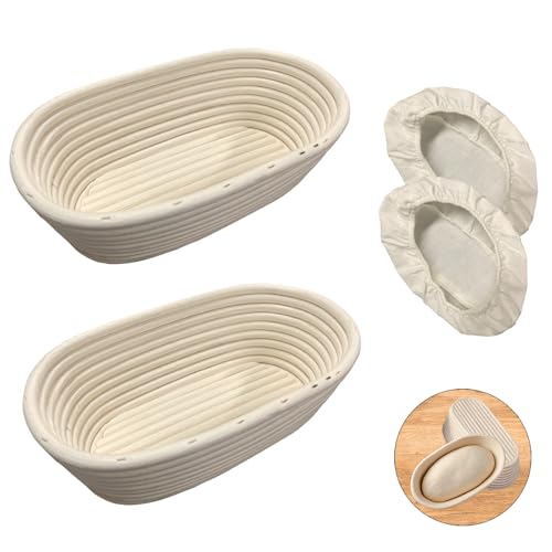 Laaorr 2Pcs Banneton Proofing Basket 25cm/10 inch Oval Bread Proofing Basket with Linen Liner Natural Rattan Sourdough Baskets Tool for Professional and Home Bakers Making