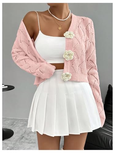 WDIRARA Women's 3D Floral Cardigan Sweater Long Sleeve Crochet Button Down Knit Outerwear2