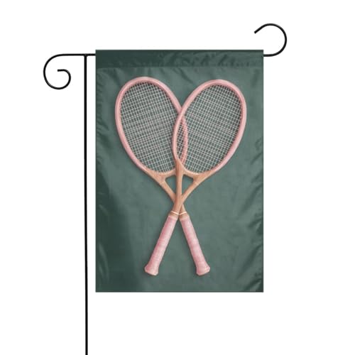 Bandera de jardín antiguo con dos raquetas de tenis, 30 x 45 cm, vertical, doble cara, decoración de casa de campo, decoración exterior, bandera de patio