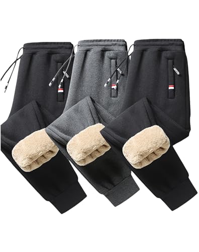 3pcs Men's Print Solid Color Fleece Lining Sweatpants with Drawstrings, Casual Warm Thickened Windproof Trousers
