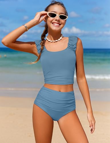 Image of Girls Tankini Swimsuit 2 Piece Bathing Suit Twist Cross Back Cutout Swim Tank Top Floral Print Swimwear for 7-18Y