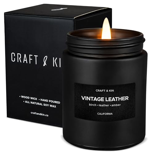 Craft & Kin Premium Vintage Leather Candle | Black Christmas Scented Candles for Men |...