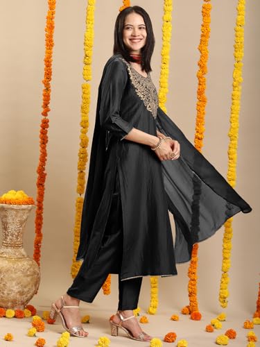 Image of GoSriKi Women's Rayon Viscose Embroidered Straight Kurta with Pant & Dupatta