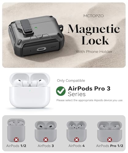 Image of for AirPods Pro 3 Case with Lock (Gray) | Compatible with MagSafe,with Phone Stand,with Automatic Snap Switch Carbon Fiber Design Protection Cover with Cleaning Pen