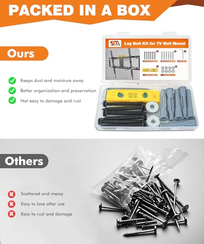 Lag Bolt Kit for TV Mounting Hardware - M8x70mm Lag Bolt and Washer for Wood Stud, Anchors for Concrete/Brick Wall, Includes Allen Key and Bubble Level for Easy Installation