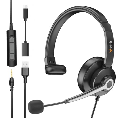 Wantek Casque avec Microphone, USB-C/3,5mm 3 en 1, Casque Mono-Oreille (Mono) réduction du Bruit et contrôle du Volume pour Centre d'appel, Skype, Zoom,...