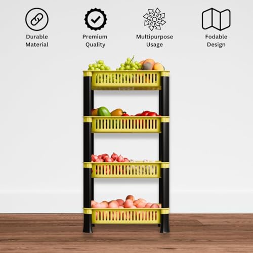 Image of Multipurpose Plastic Storage Rack for Kitchen | Foldable Vegetable & Fruit Organizer Stand for Onion, Potato, Sabji | Countertop Multi-Layer Basket Rack for Home, (Yellow, 4 layer)