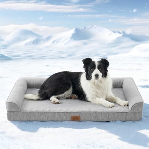 COZY KISS Cooling Dog Bed for Large Dogs, 42'x30' Orthopedic Foam Sofa with Bolster Sides, Q-Max...