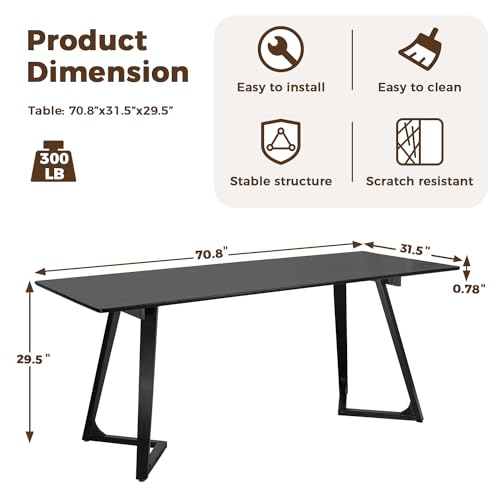 Image of DELAVIN 70.8 Inch Large Solid Wood Dinner Table for 6-8 People, Modern Oak Kitchen Table with Natural Wood Grain, Luxury Rectangular Dining Table for Family, Office, Party, Easy Assembly, Black