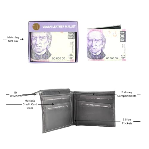 Li Slim Bifold Wallet - Top flap 2 ID Window Vegan Leather Wallet for Men with 7 Credit Cards, 2 Inner Slots & 2 Cash Compartments -1000 Peso Mexico Print Men Wallet with White Stitching & Gift Box3