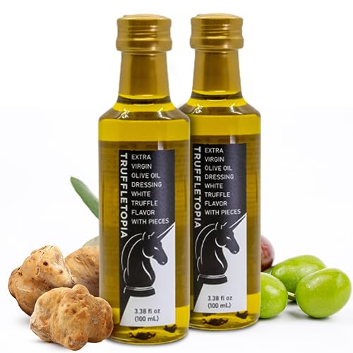 Truffletopia I White Truffle Extra Virgin Olive Oil I Cold Pressed with Real Pieces of Truffles I For Pasta, Pizza, or Salad I Vegan, Non-GMO, No MSG, Gluten Free, Keto I 2 Bottles, 3.38 oz each