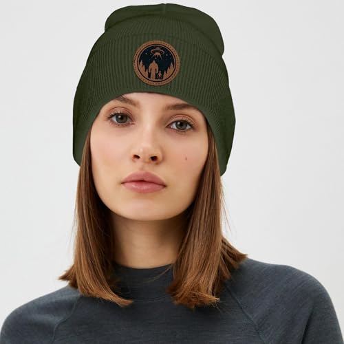 Image of Big Foot Beanie Hat, Sasquatch Leather Patch Winter Knit Skull Cap Bigfoot Gifts for Adult Men Women