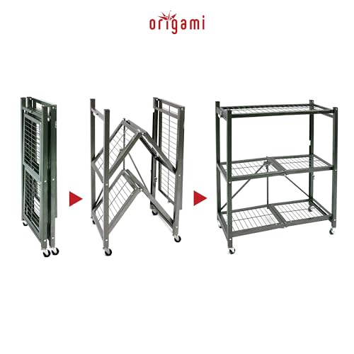 Image of Origami 2 Pack 3 Tier Folding Shelves, Storage Shelving Rack Unit with Wheels, Pewter