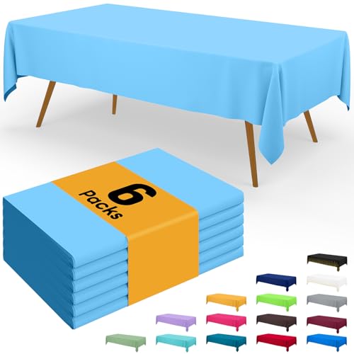 Image of Smiry Disposable Table Cloth - 6 Pack, 54 x 108 Inch Waterproof Rectangle Tablecloths for Parties, Decorative Plastic Table Cover, Leakproof & Sturdy, Light Blue